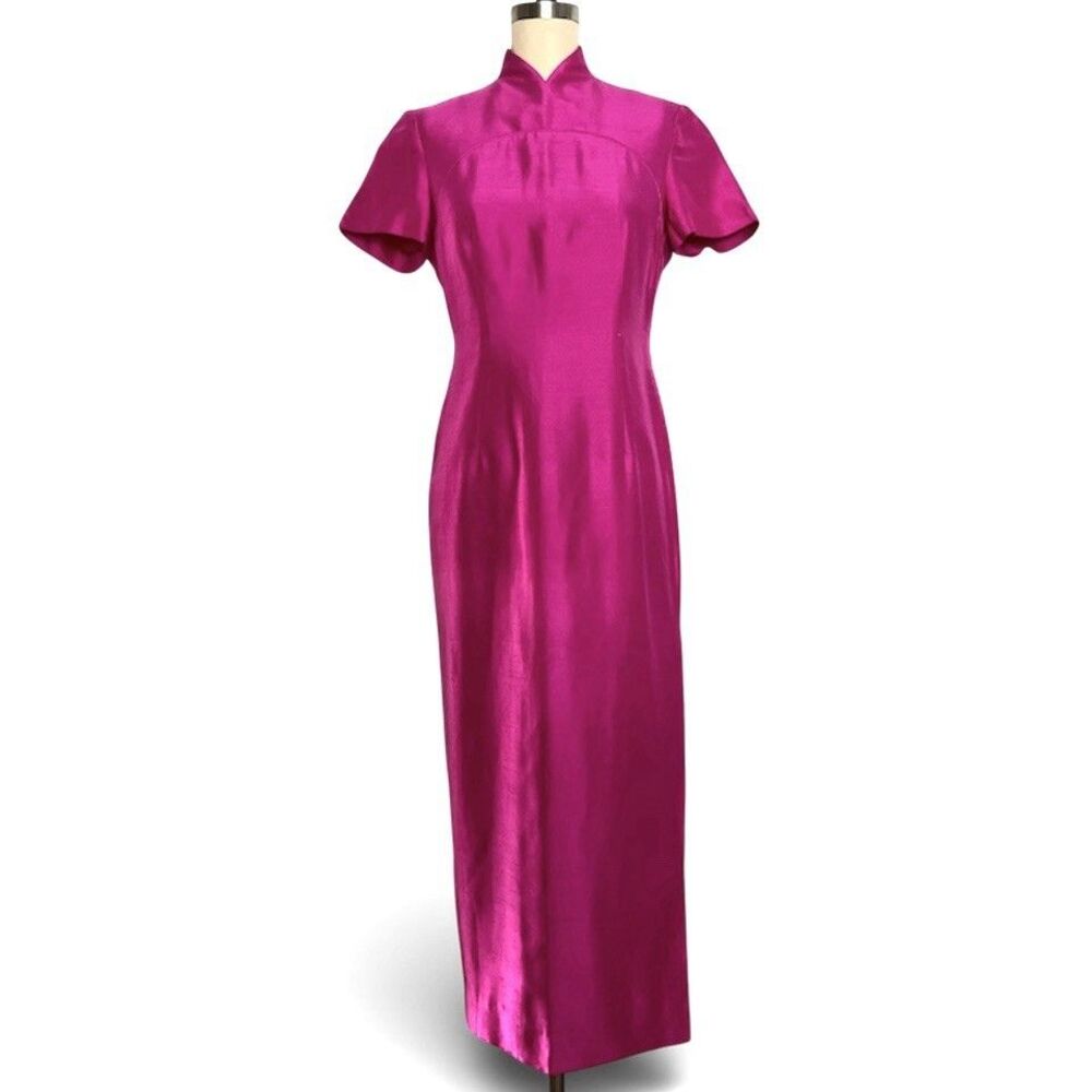 VTG 90s Dana Buchman Sz 2 XS/S 100% Silk Fuchsia Pink Choengsam Asian Maxi Dress